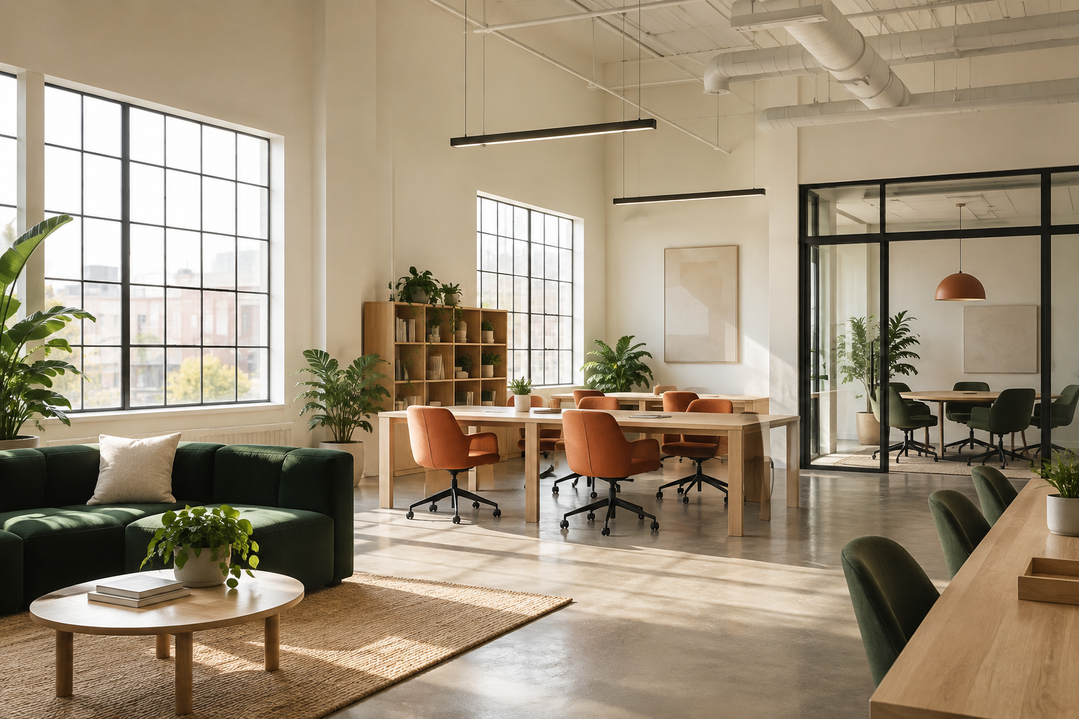 Daylit fictional Acme workspace with oak desks and green seating